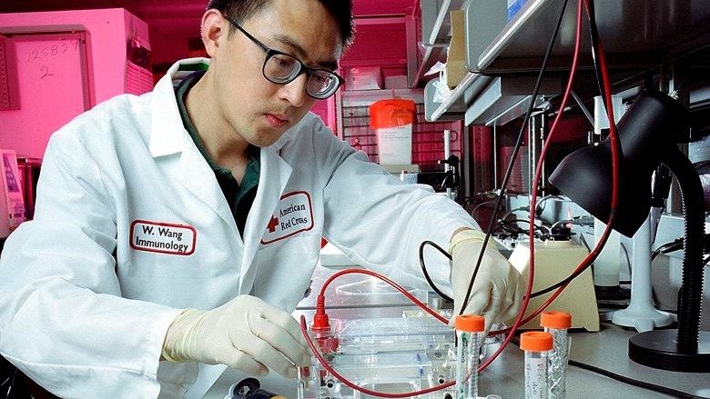person wearing a lab coat works with tubes