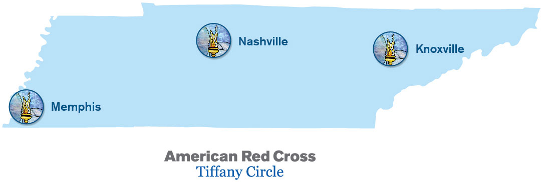 Map of Tennessee with Memphis, Nashville and Knoxville marked with Tiffany Circle logo.